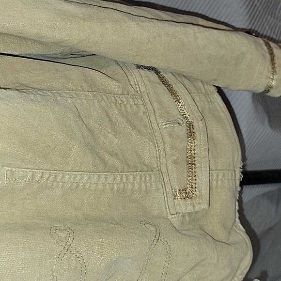 Khaki Jacket Frayed Edges Gold Accents Casual Chic Neutral Tones - Picture 3 of 7